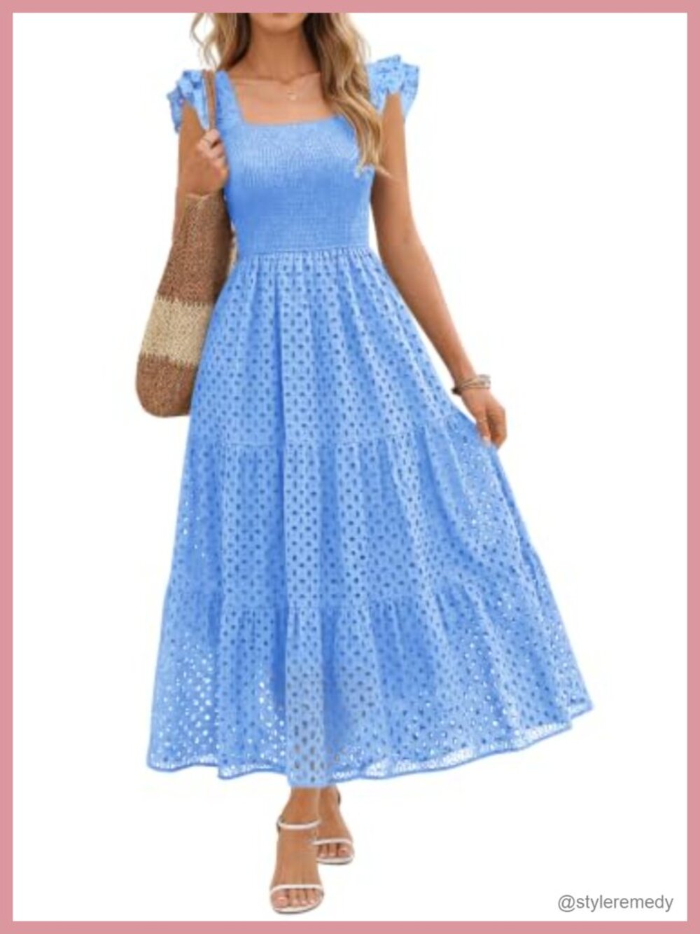 Womens Sleeveless Hollow Out Eyelet Cotton Boho Maxi Dress with Pockets